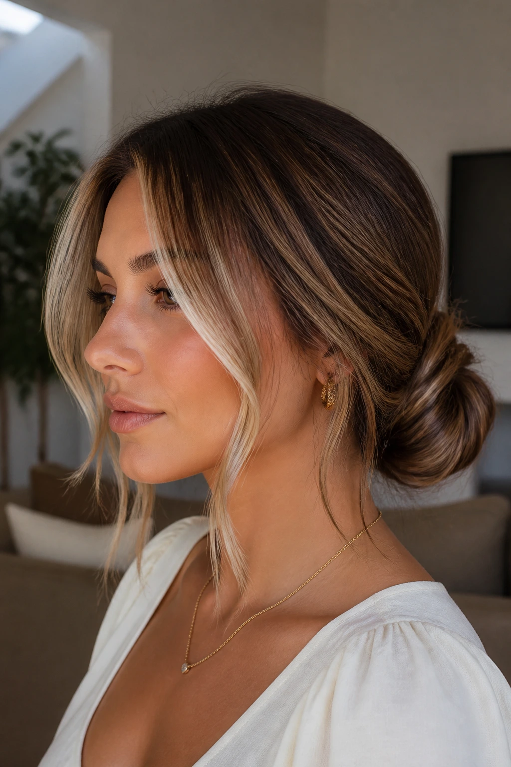 Close-up of a real person with a low chignon and bright face pieces under natural light.