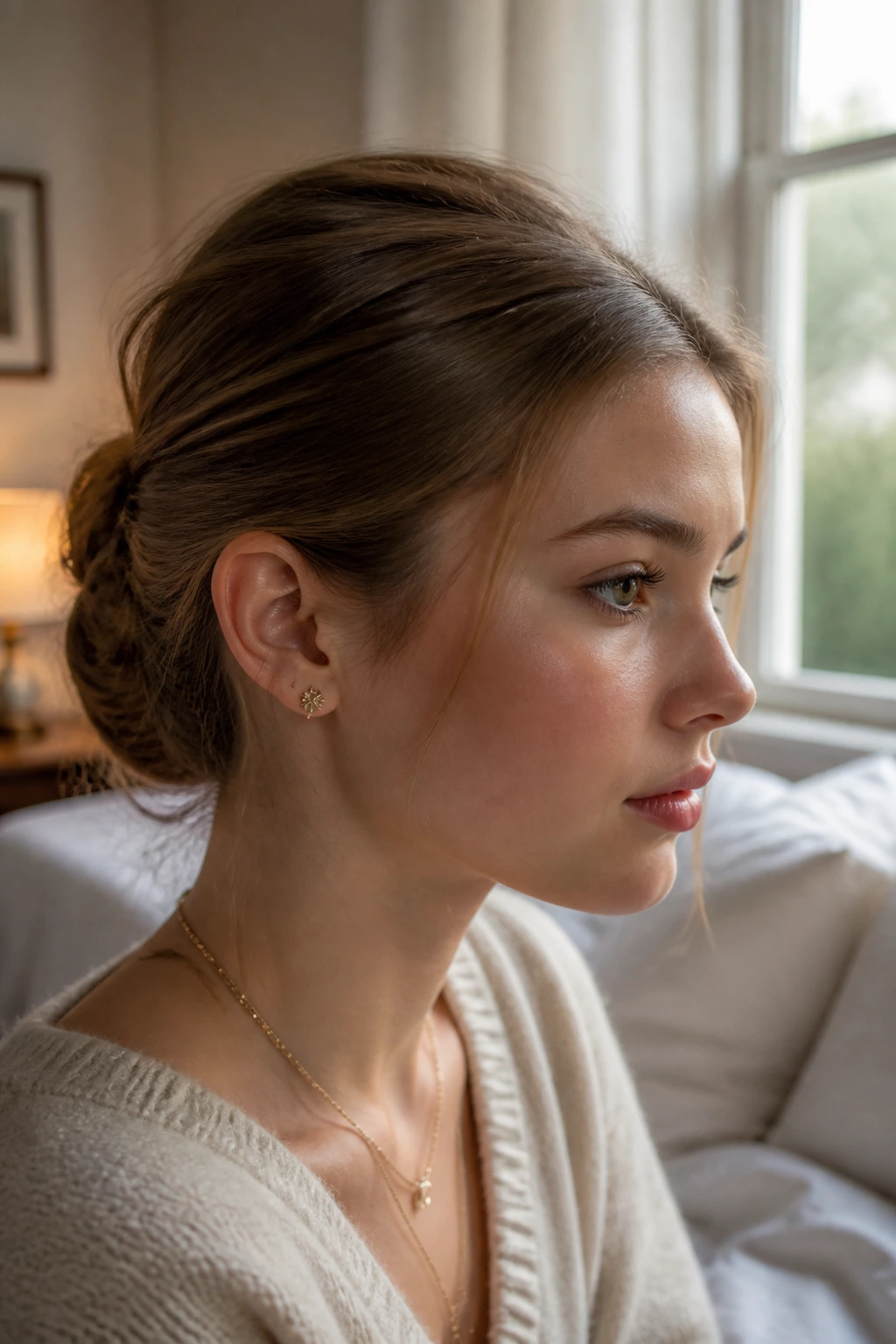 Close-up of a real girl with fine hair in a low chignon, held all day