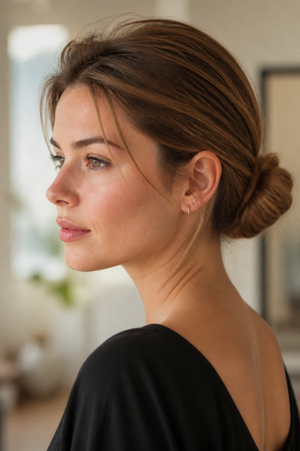 Close-up of a girl with a low chignon showing grip on fine hair