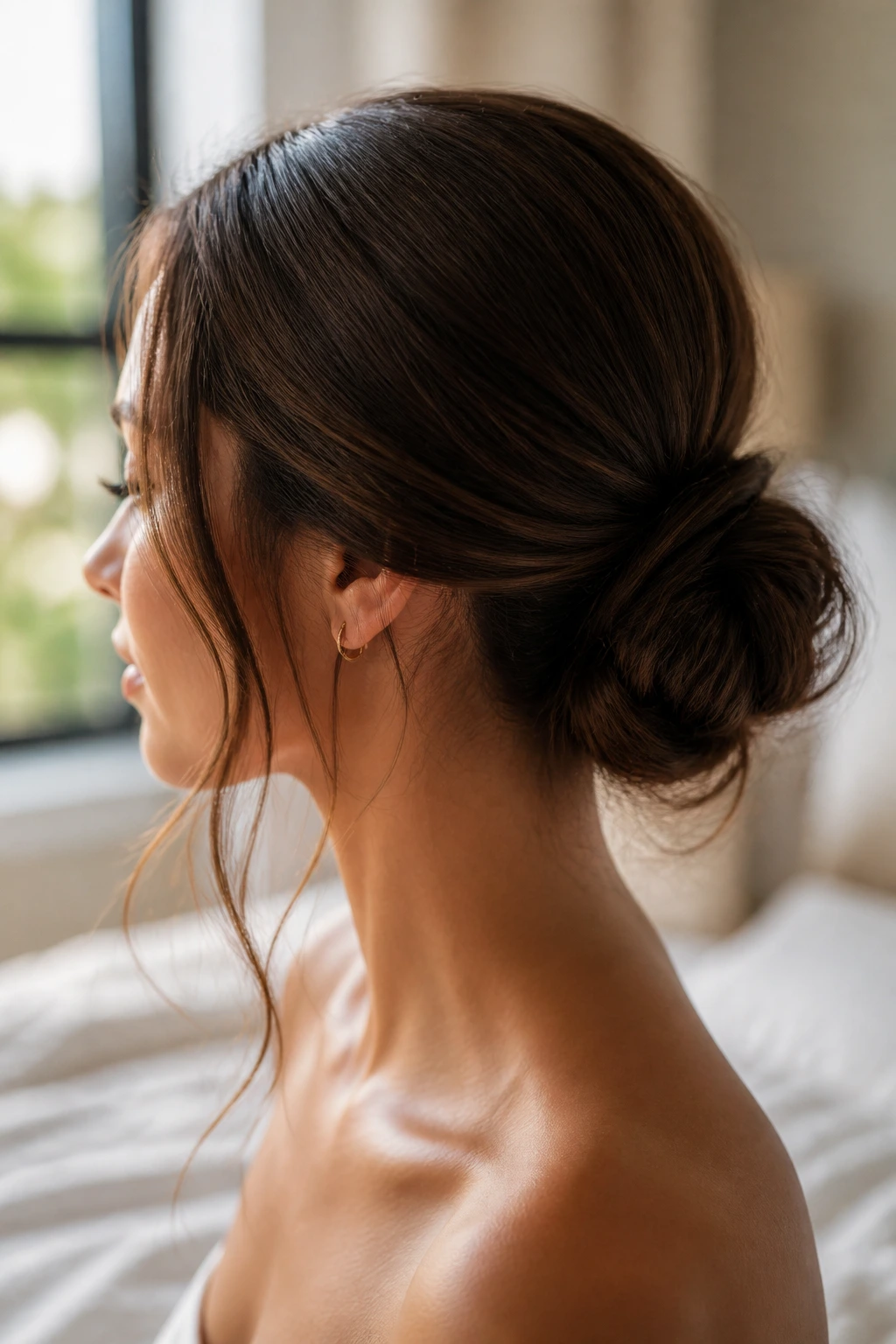Close-up of a real woman's head with a sleek low chignon and subtle face-framing strands in soft light