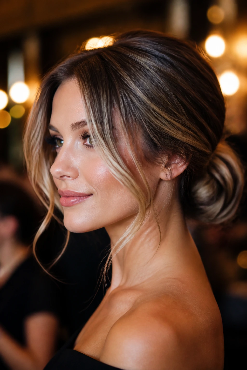Portrait of a woman with a low chignon and bright face-framing babylights