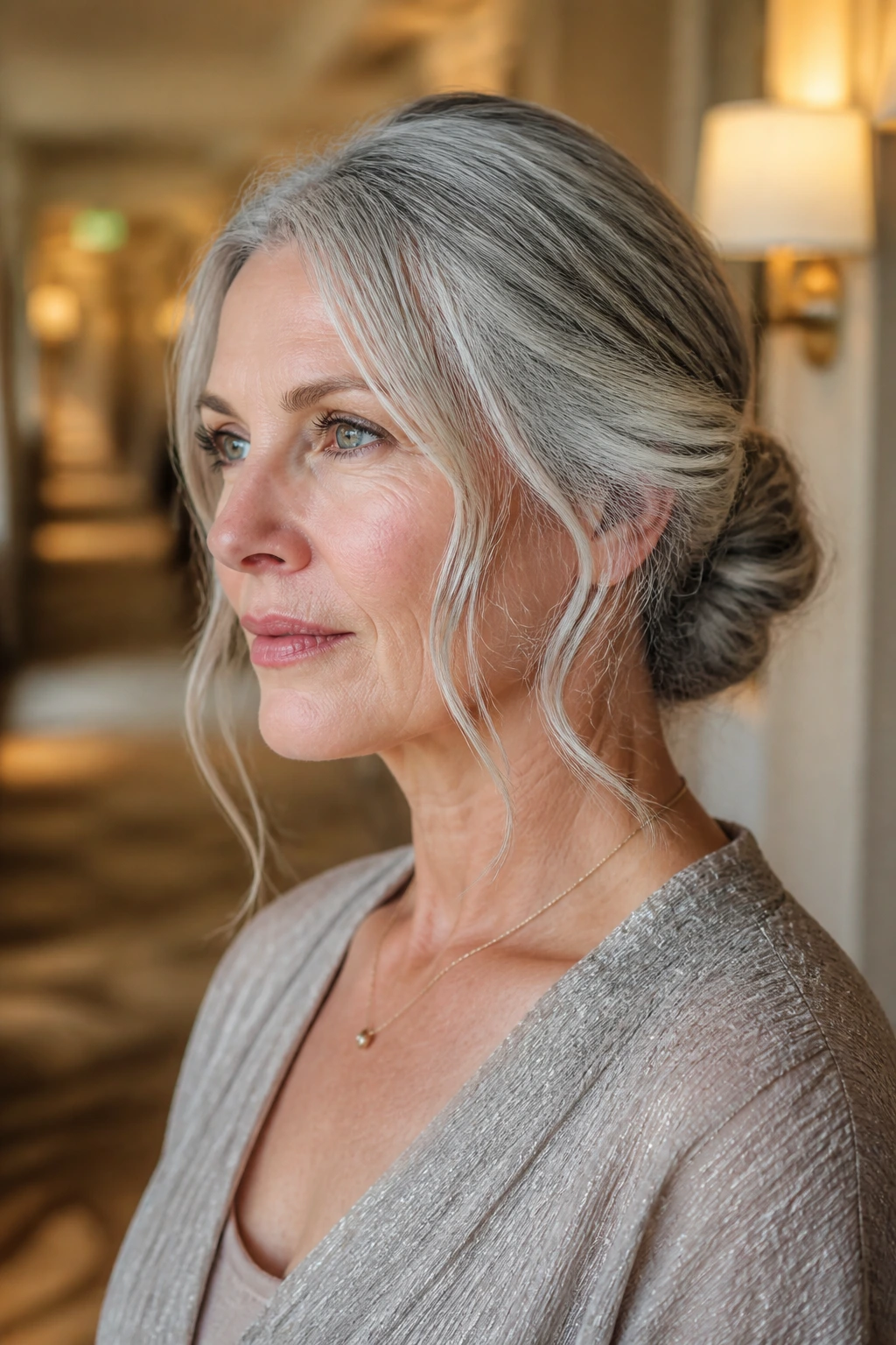Close-up of a real woman in a low chignon with wispy gray tendrils.