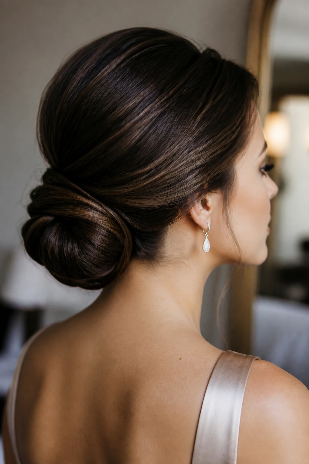 Woman with polished low chignon at the nape