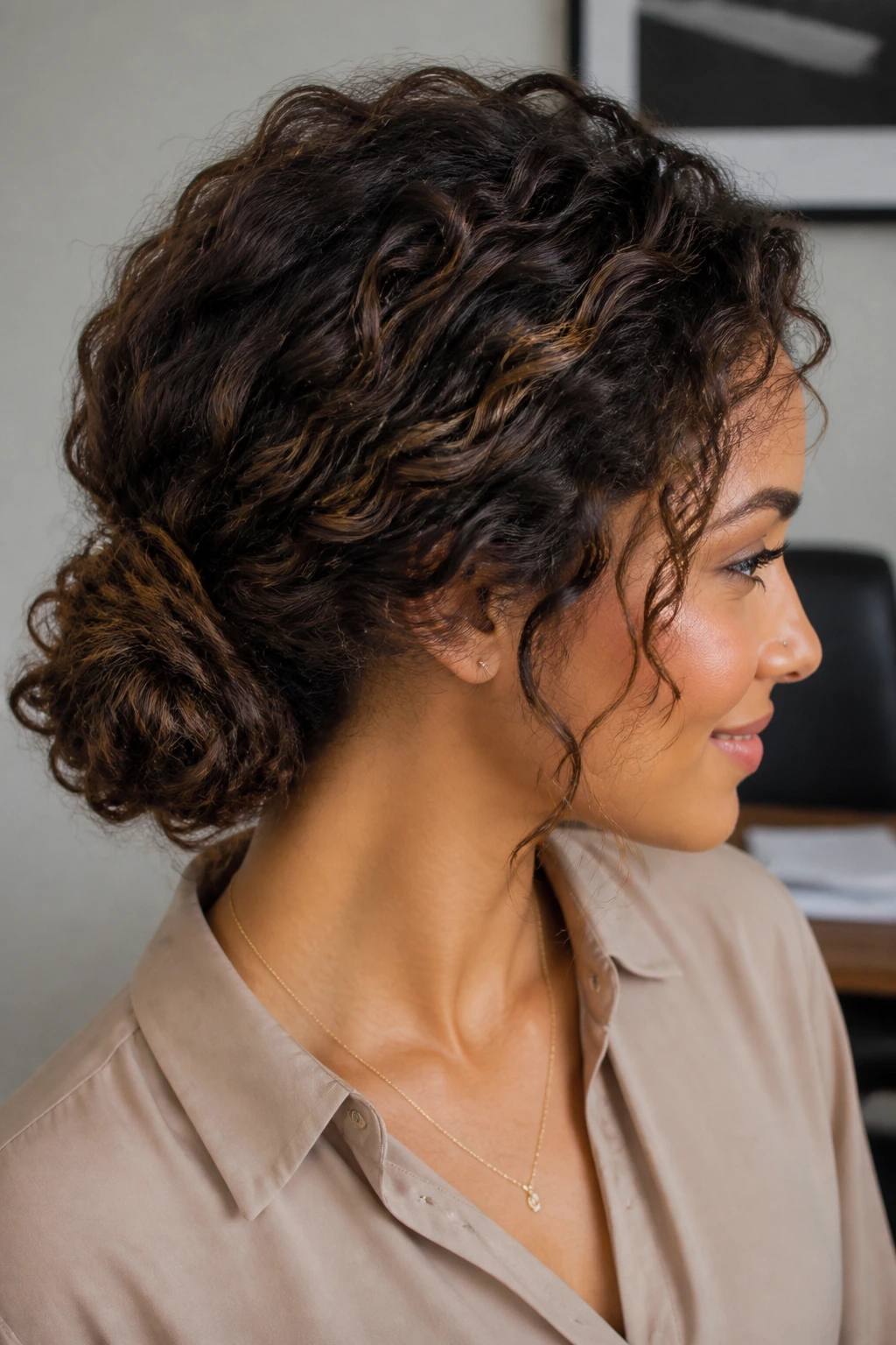 Close-up of a real woman with a low chignon and hidden pins in soft ambient lighting