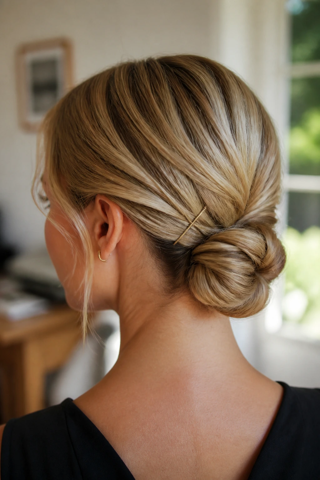 Real person with a secure low chignon showing pin pattern for all-day hold