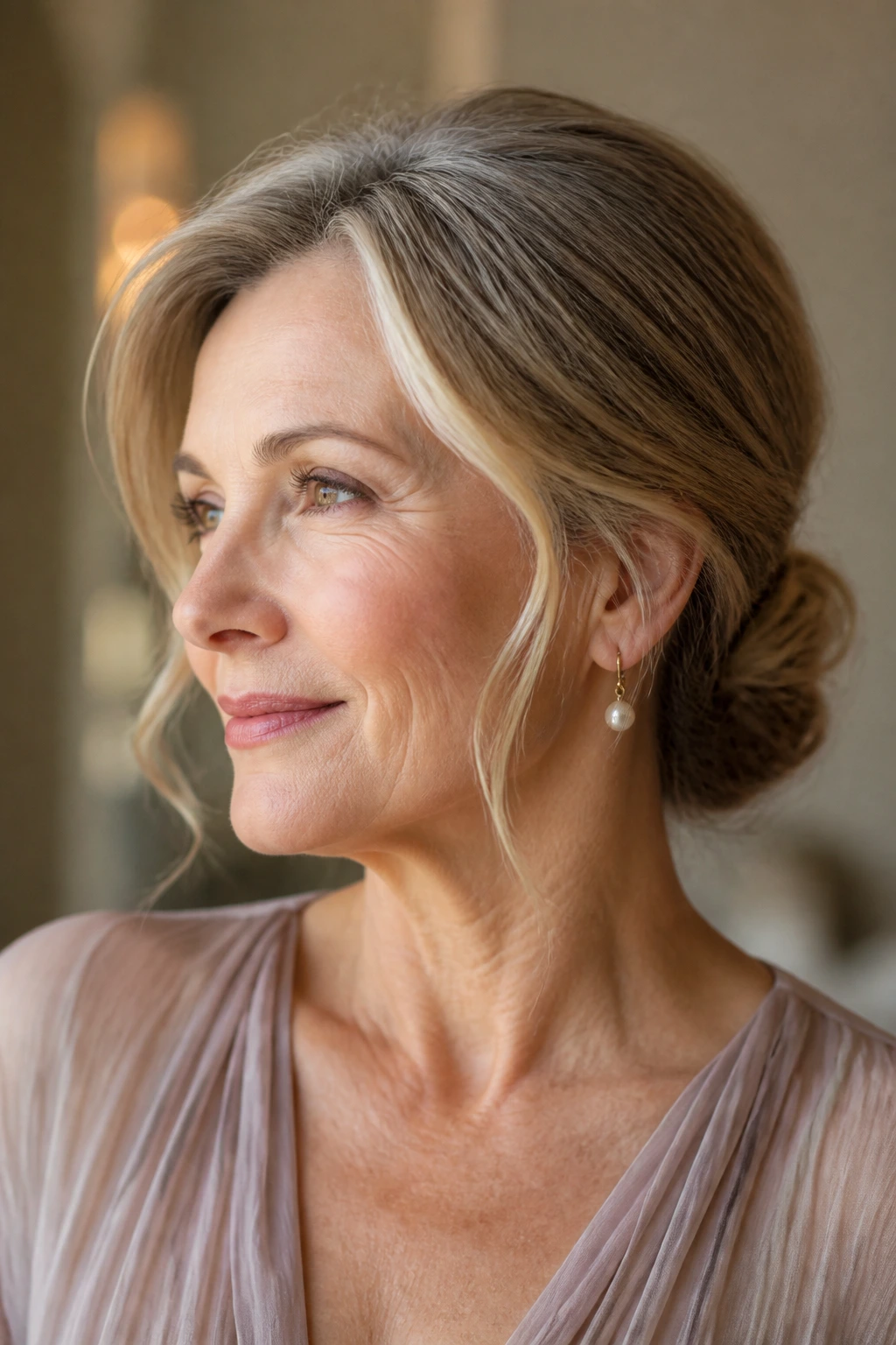 Real woman with elegant low chignon and loose pieces framing the face