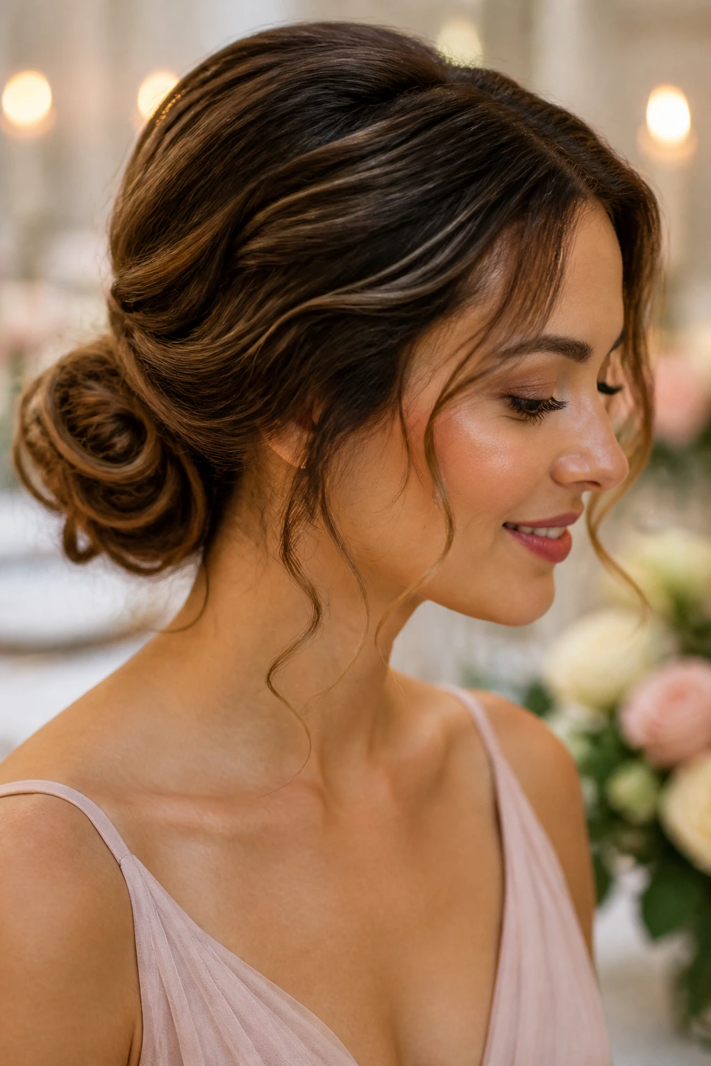 Real woman with a low textured chignon and face-framing tendrils.