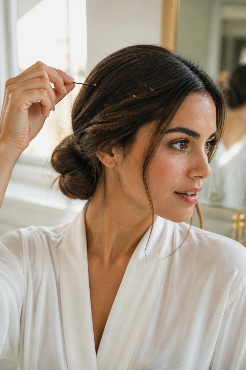 Close-up of a real woman adjusting a low chignon with pins at a bathroom vanity