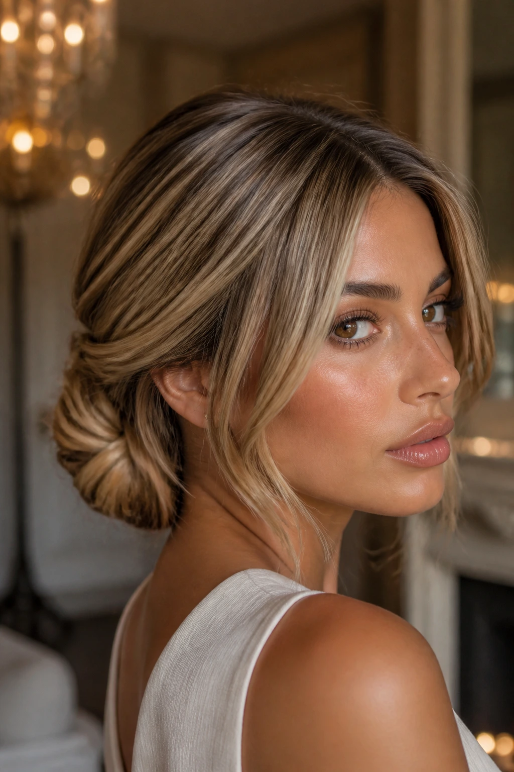 Close-up portrait of a real person with Low Chignon and Melted Blonde Ribbons on olive skin