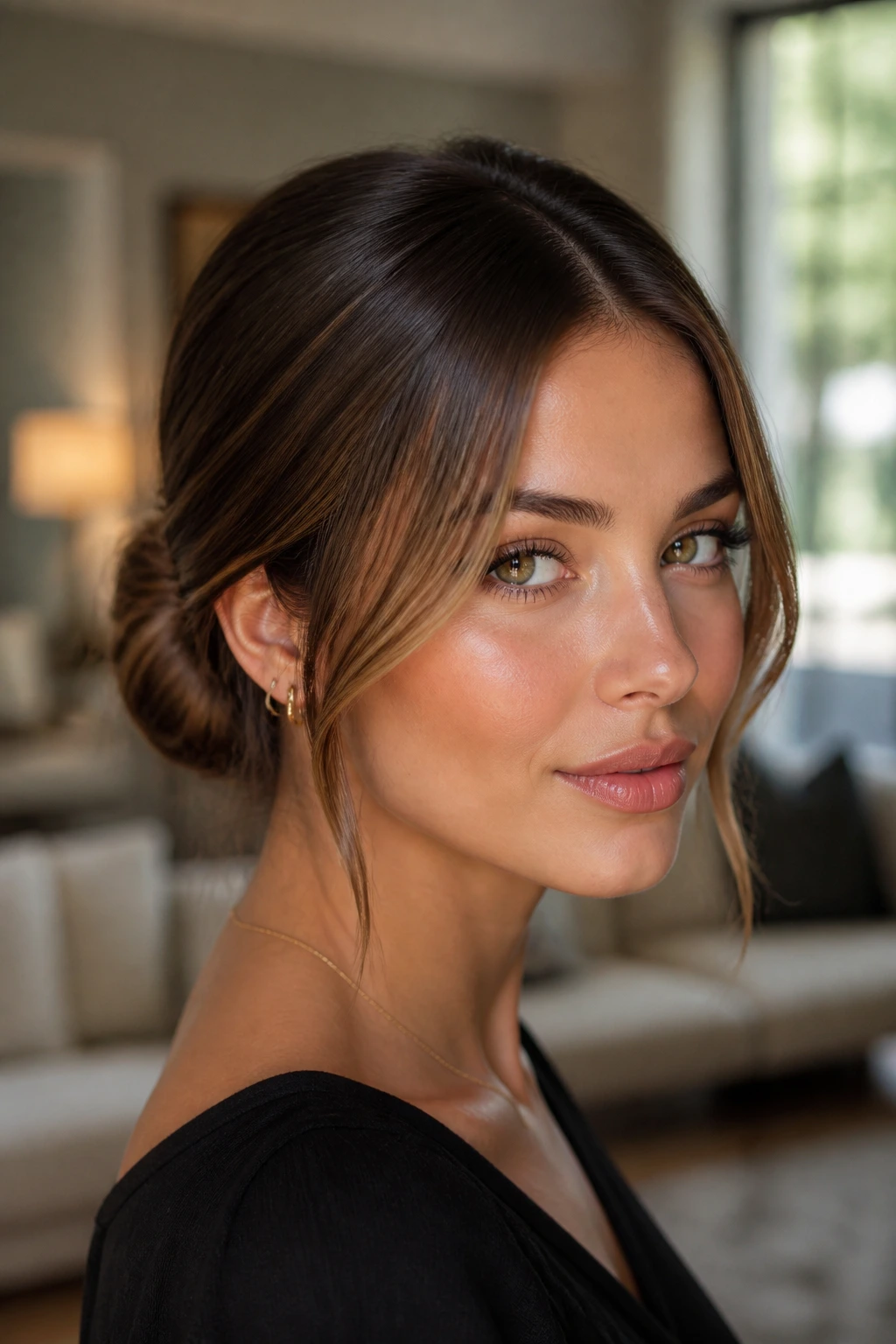 Close-up portrait of real woman with low chignon and middle part