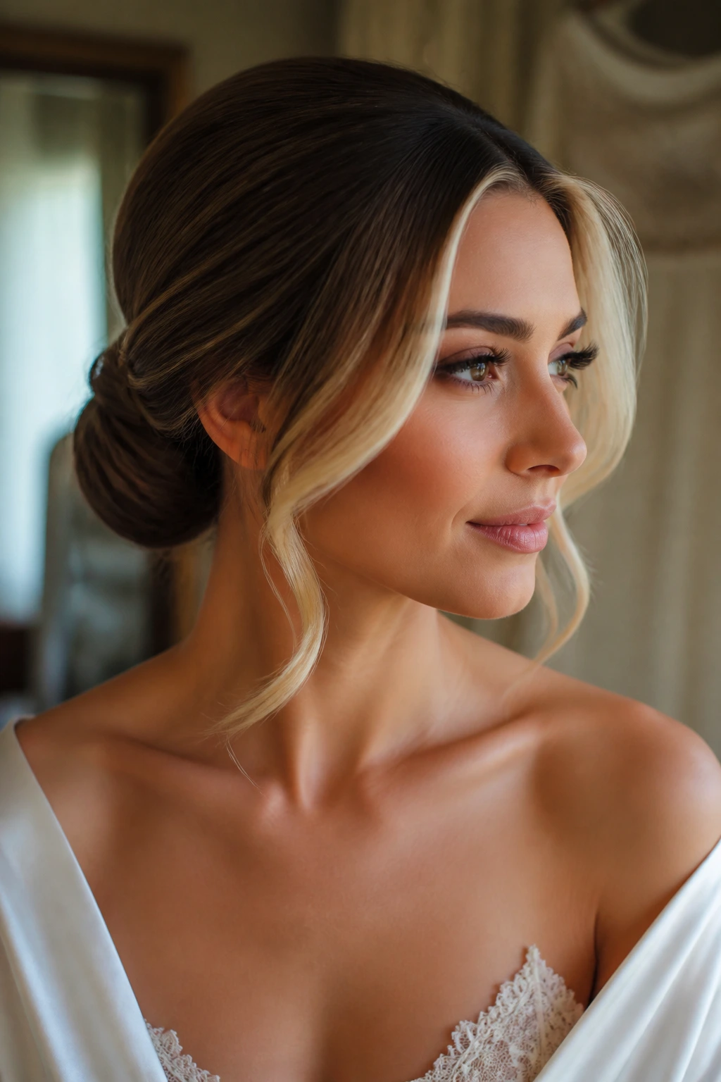 Close-up of a real woman with a sleek low chignon and bright money piece highlights curved inward