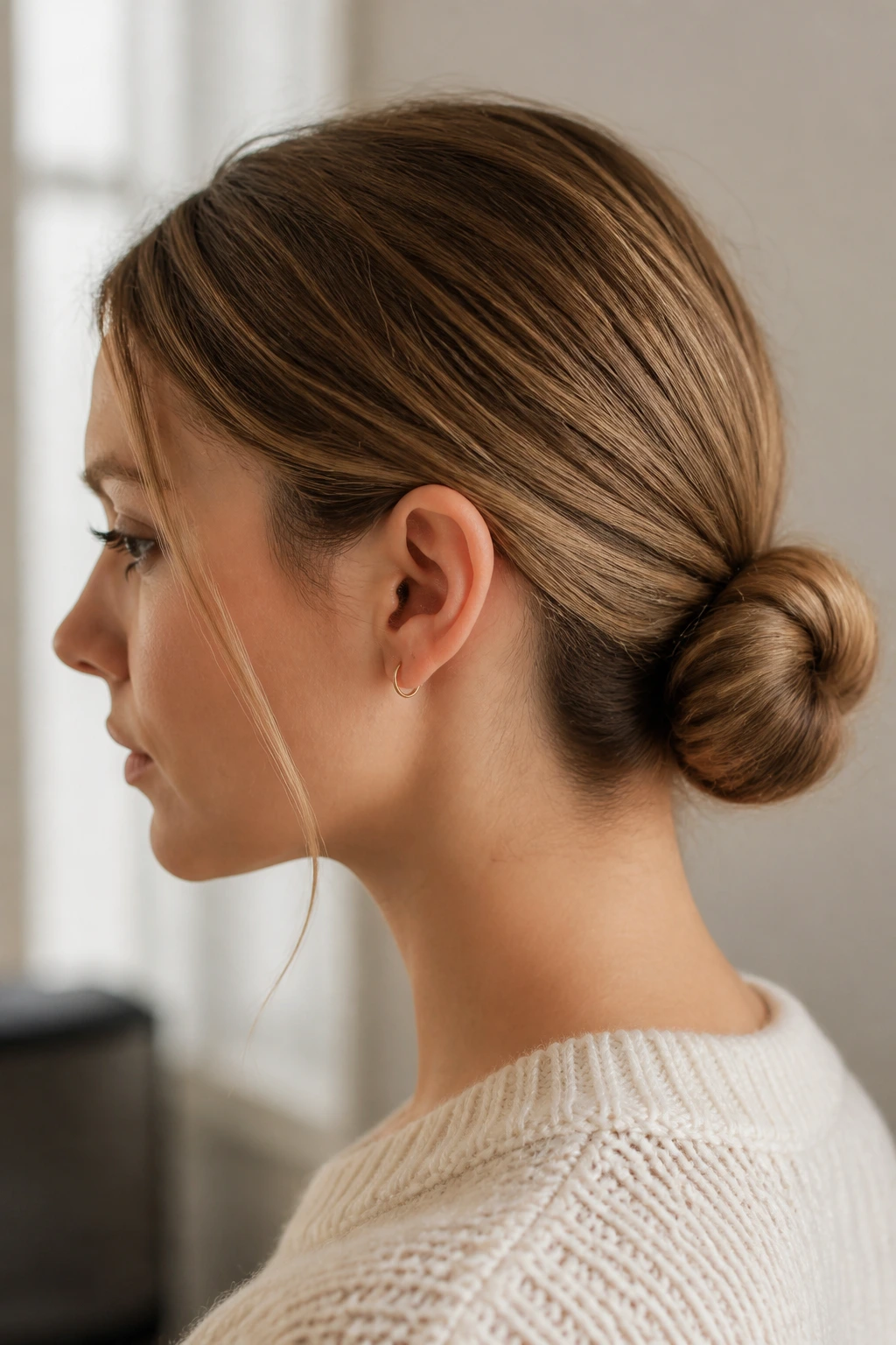 Girl with a small low chignon at the nape.
