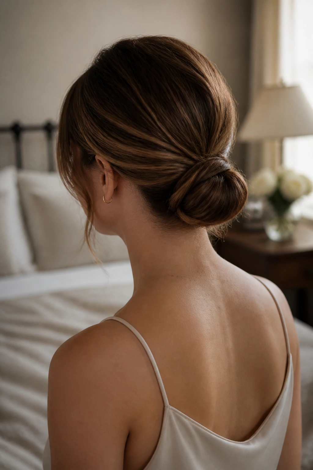 Rear-side portrait of a real woman with centered low chignon near the nape