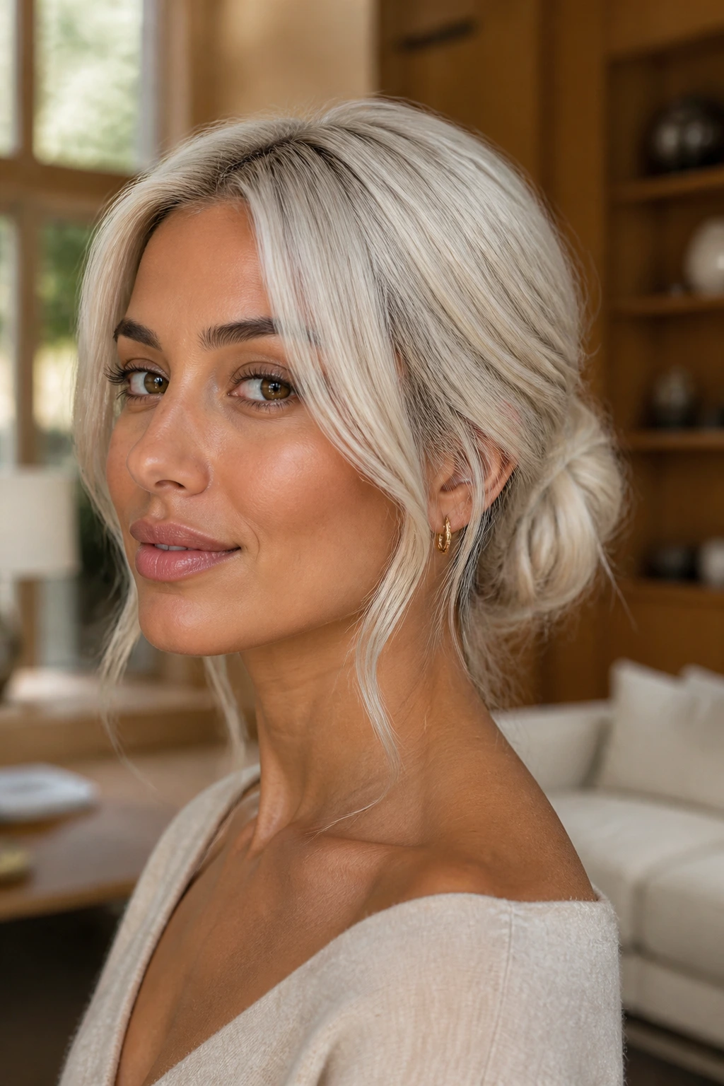 Close-up of a real woman with a low chignon and soft face-framing pieces on platinum hair
