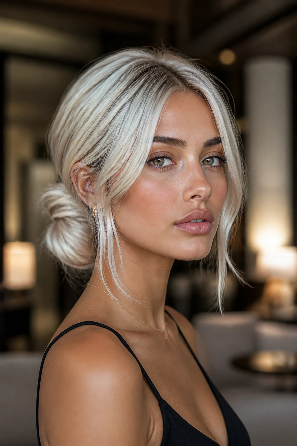 Close-up portrait of person with low platinum chignon and face-framing tendrils on olive skin