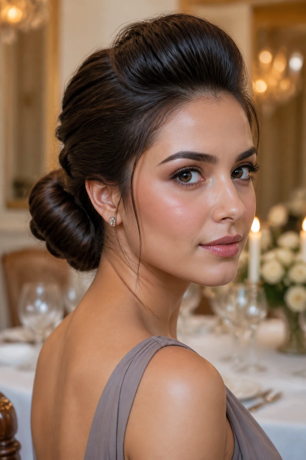 Close-up of a real person with a low chignon and front pompadour lift.
