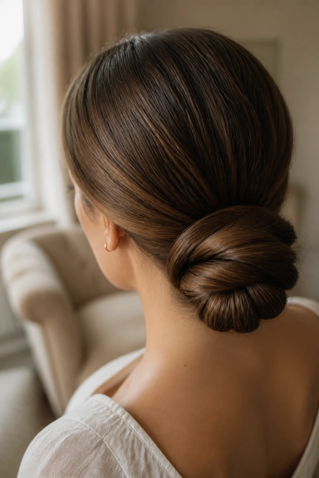 Close-up portrait of a real woman with a low chignon at the nape