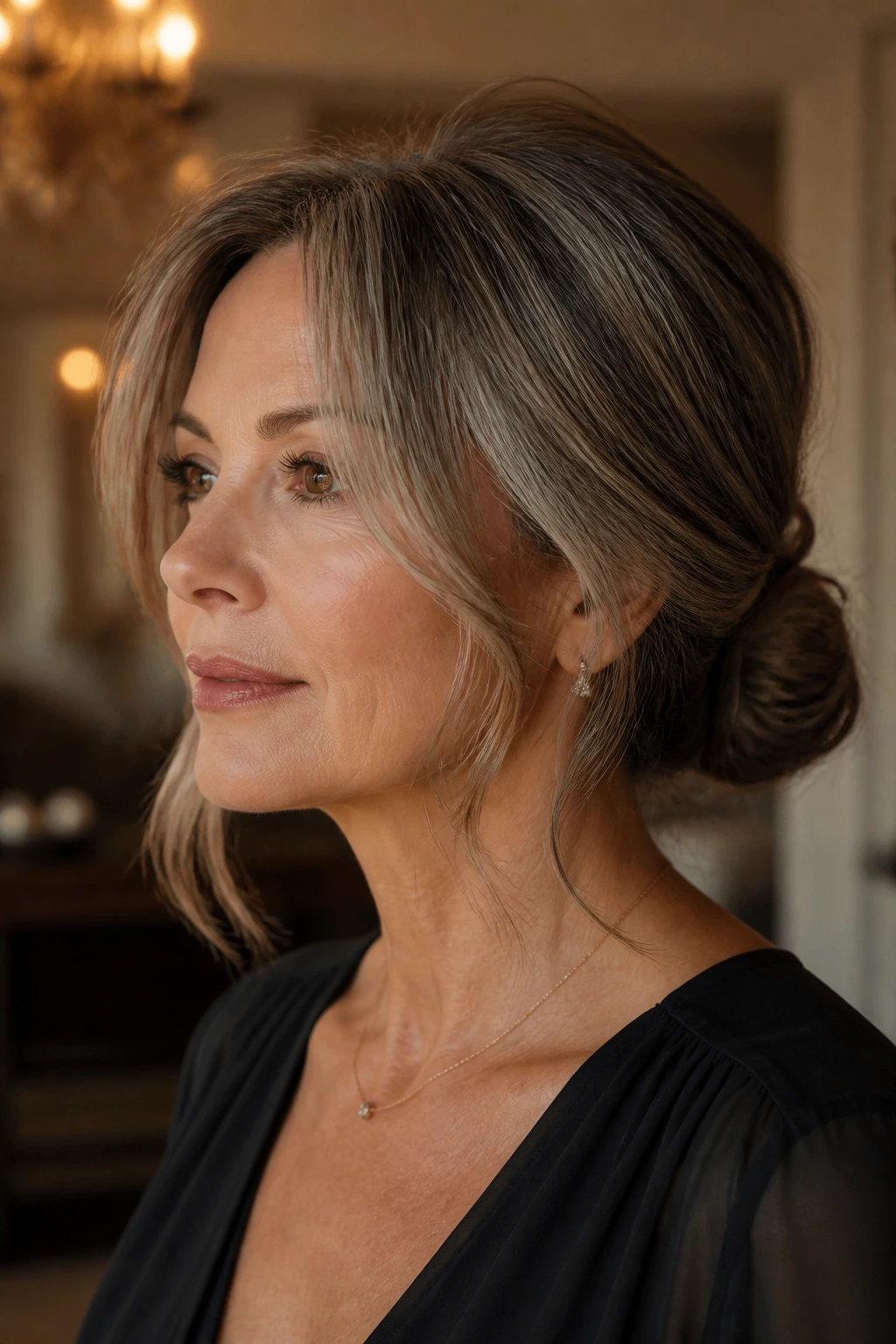 Close-up of a woman with a low chignon and loose pieces around the face
