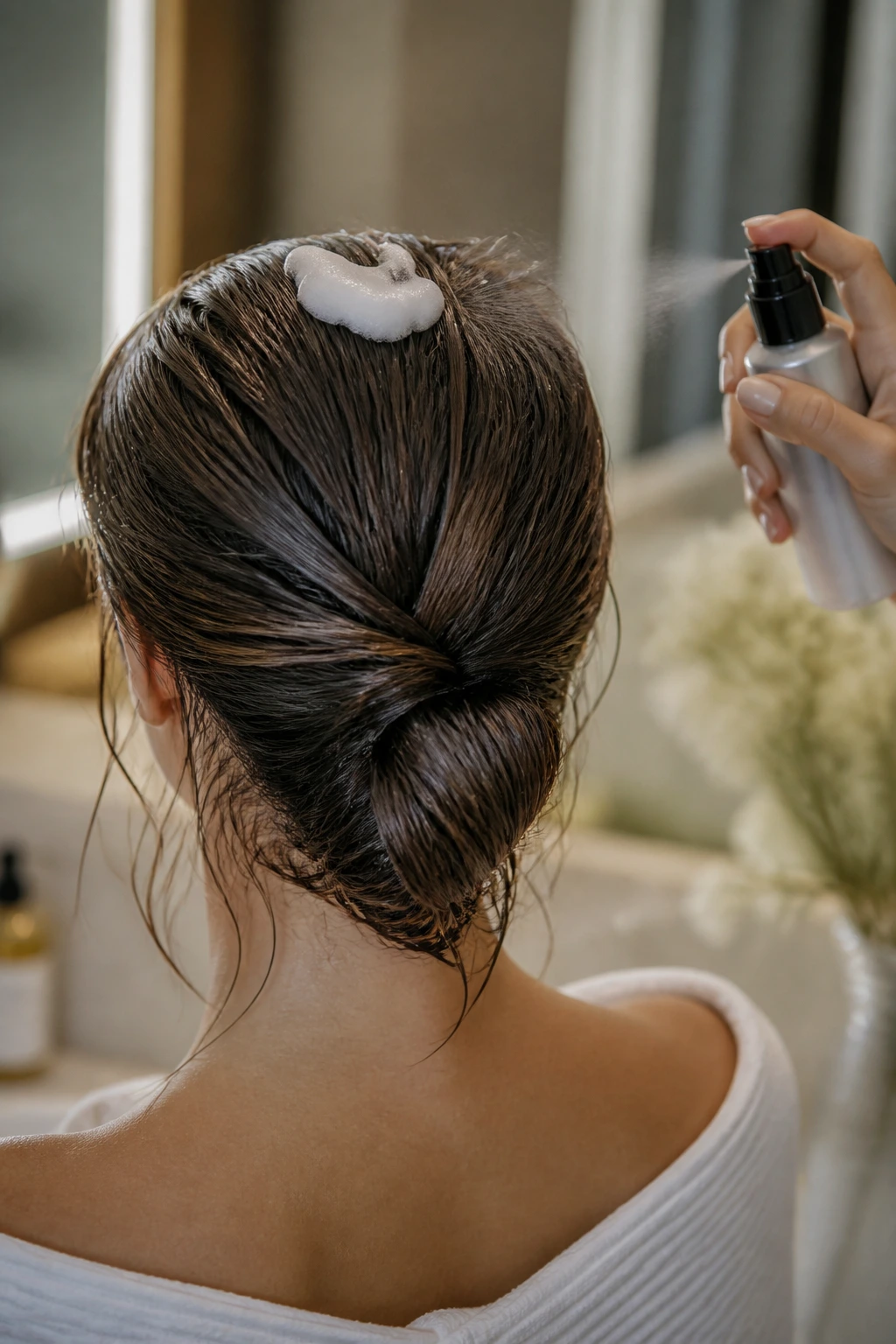 Back of head showing textured prep for low chignon on real woman