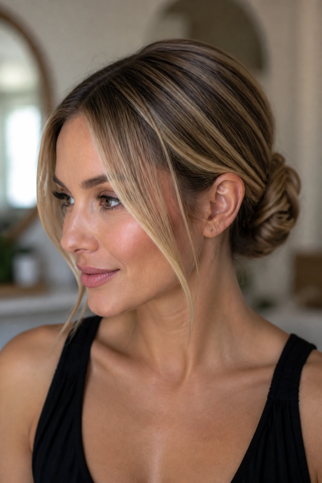 Three-quarter view of a real woman with a low chignon and ribboned highlights