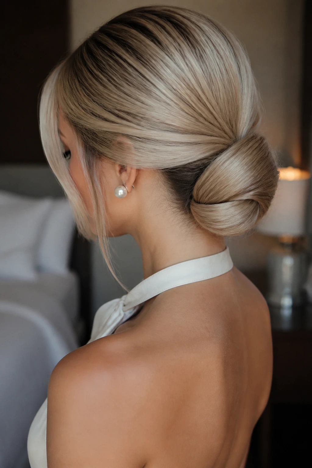 Real woman in a sleek low chignon with a subtle root shadow under soft lighting