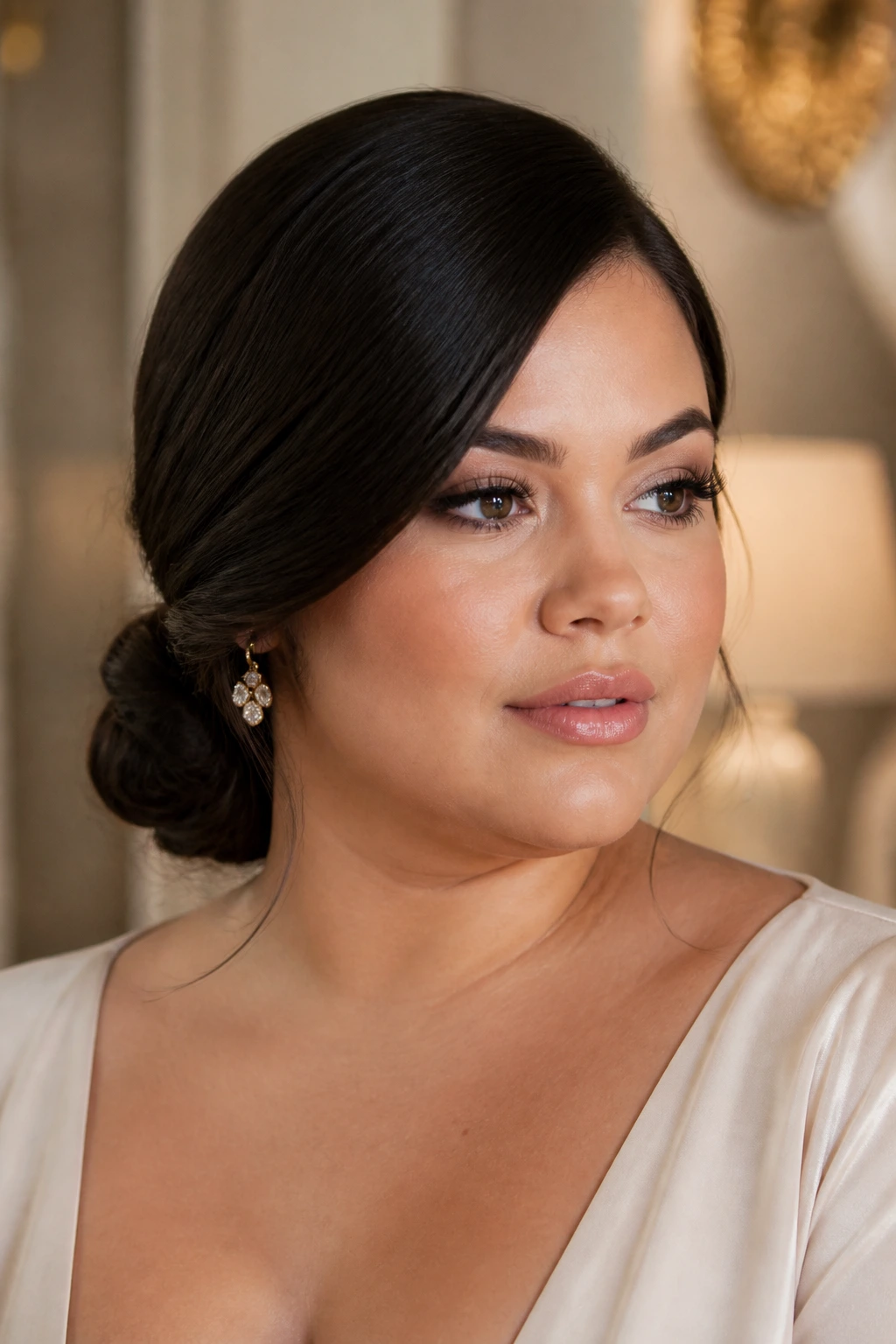 Portrait of a real woman with a low chignon and side part.
