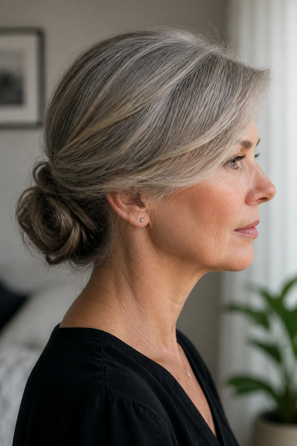 Profile portrait of a woman with a low chignon and side-swept fringe