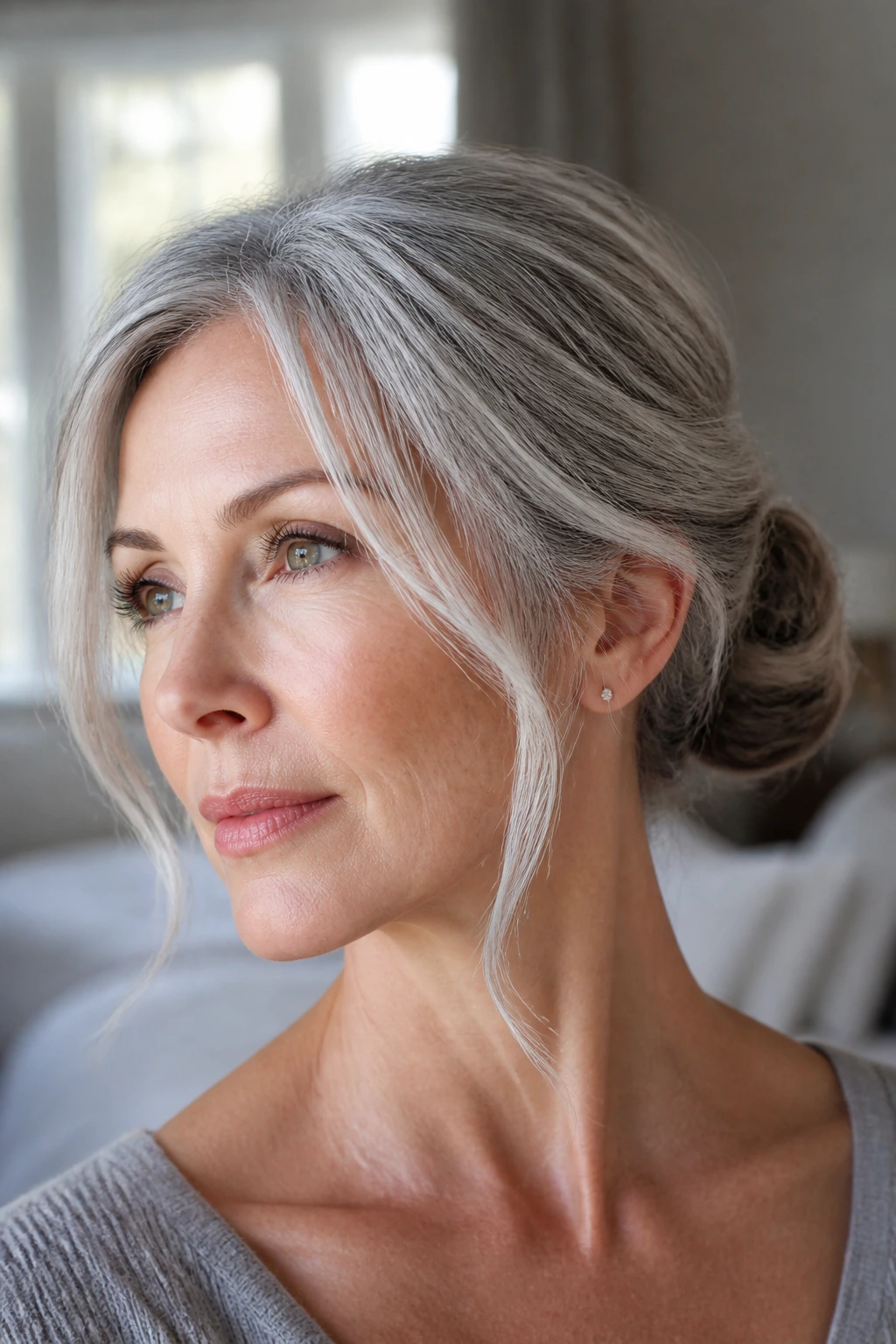 Close-up of a real woman with a low chignon and face framing silver strands