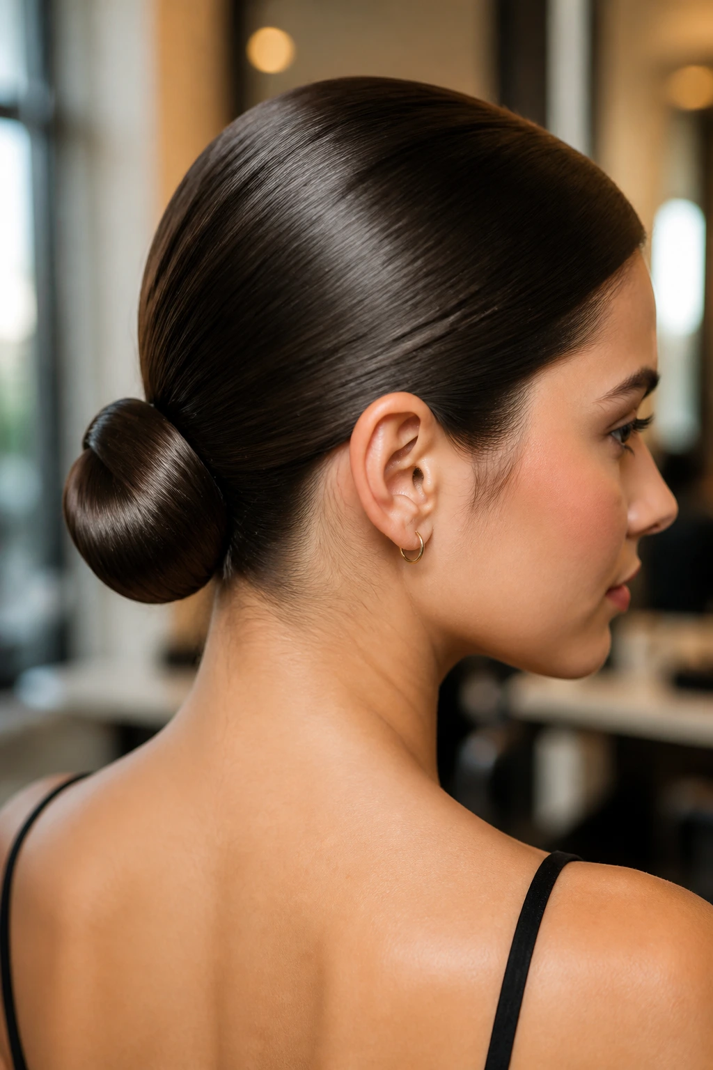 Close-up of a real woman with a Sleek Ballet Chignon at the nape in a warm salon light