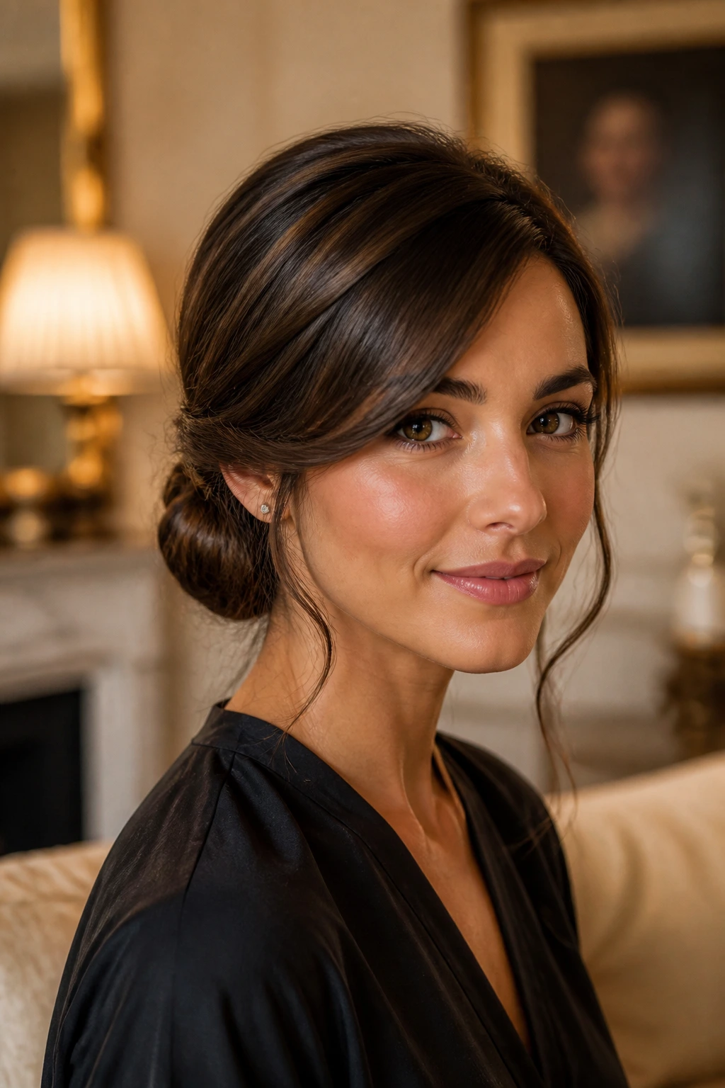 Close-up of a woman with a low chignon and soft front sweep.