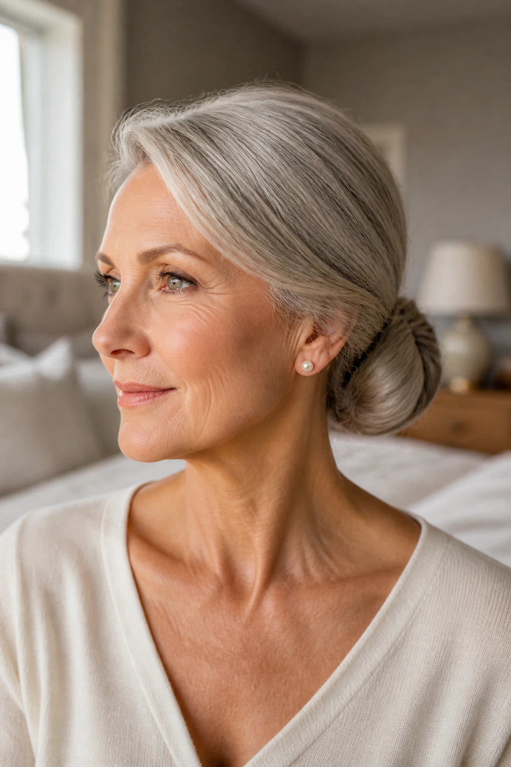 Close-up of a real woman with a low chignon and soft side part.