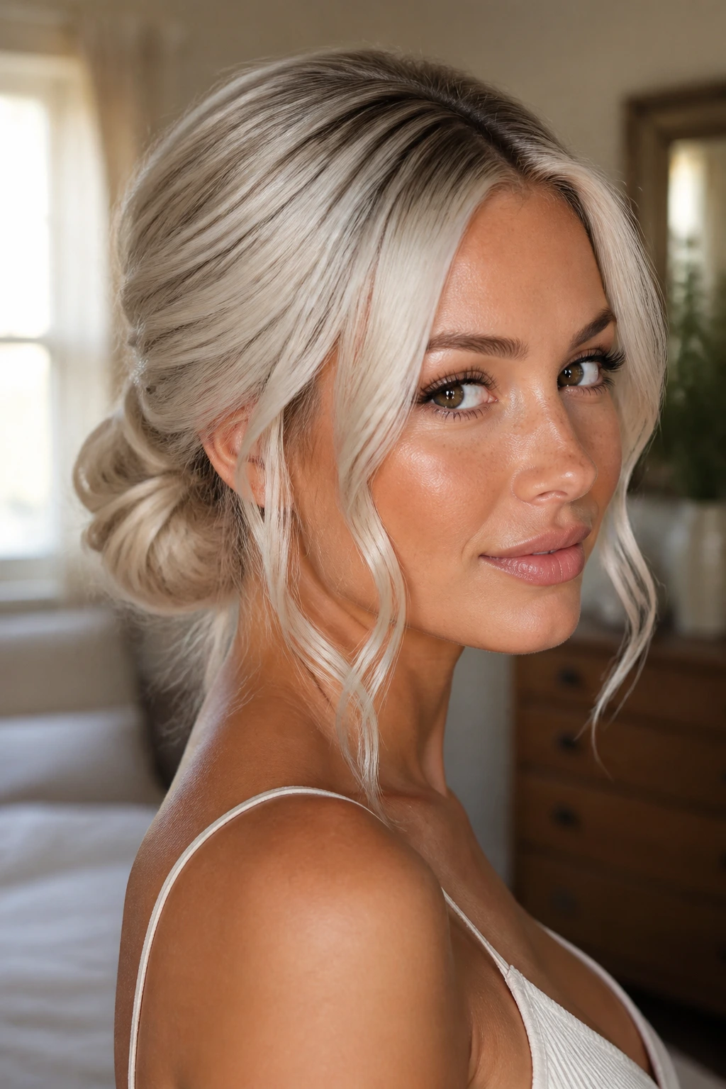 Close-up portrait of a real woman with a low chignon and soft tendrils on platinum hair.
