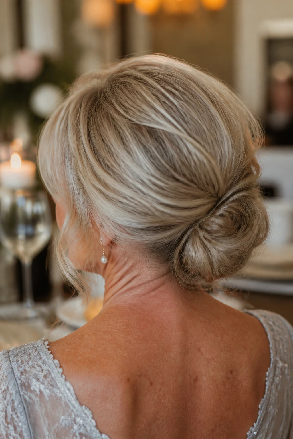 Back/three-quarter view of a woman with a loose low chignon and soft volume at the crown.