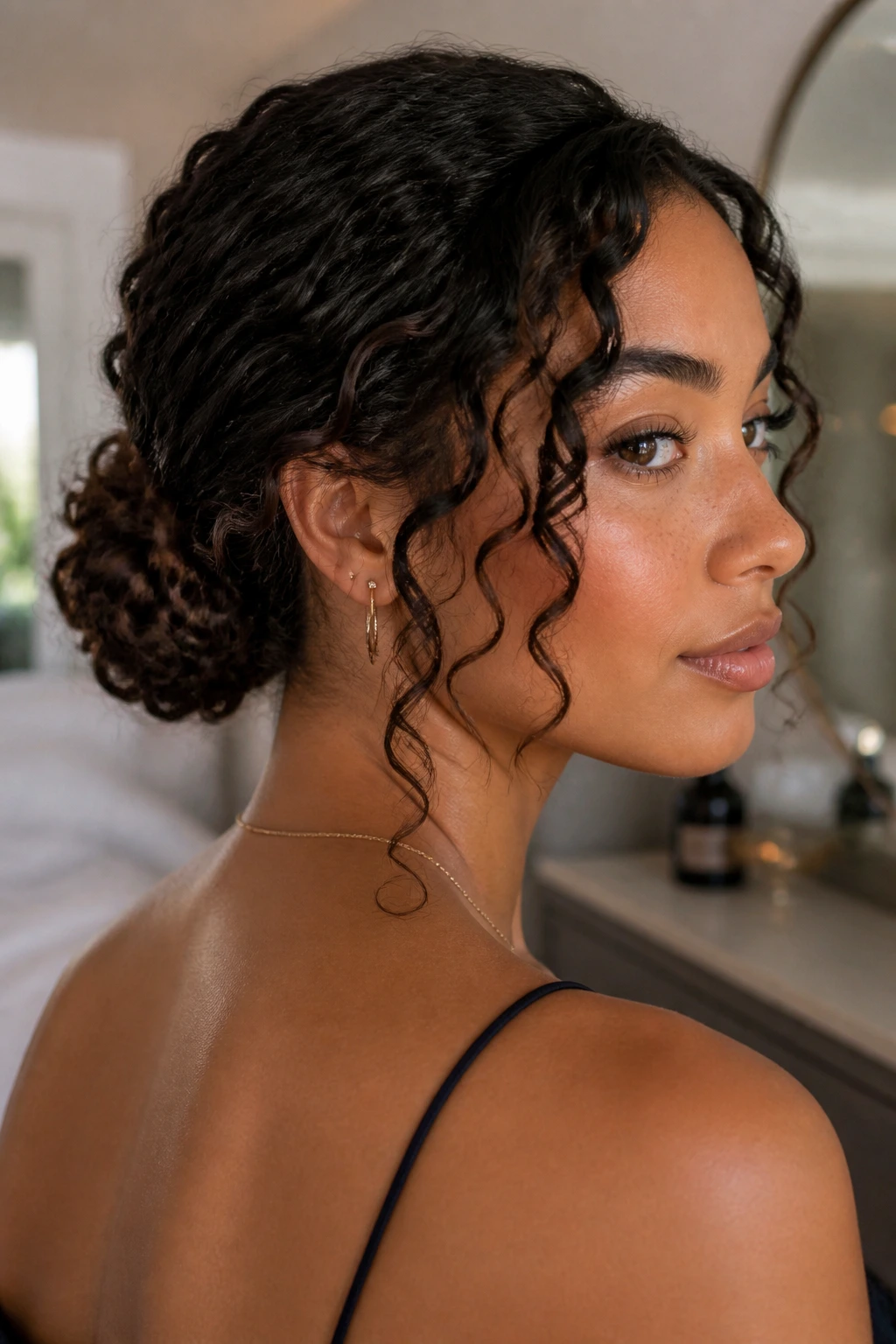 Close-up of a real woman with a low chignon and spirals around the cheeks in soft morning light.