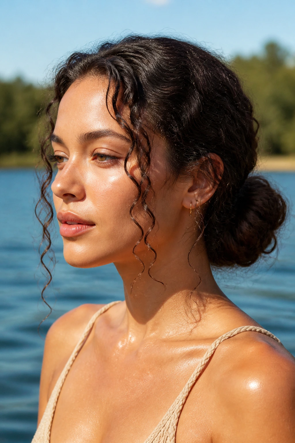 Close-up of a woman with a low chignon and face-framing spirals by a lake