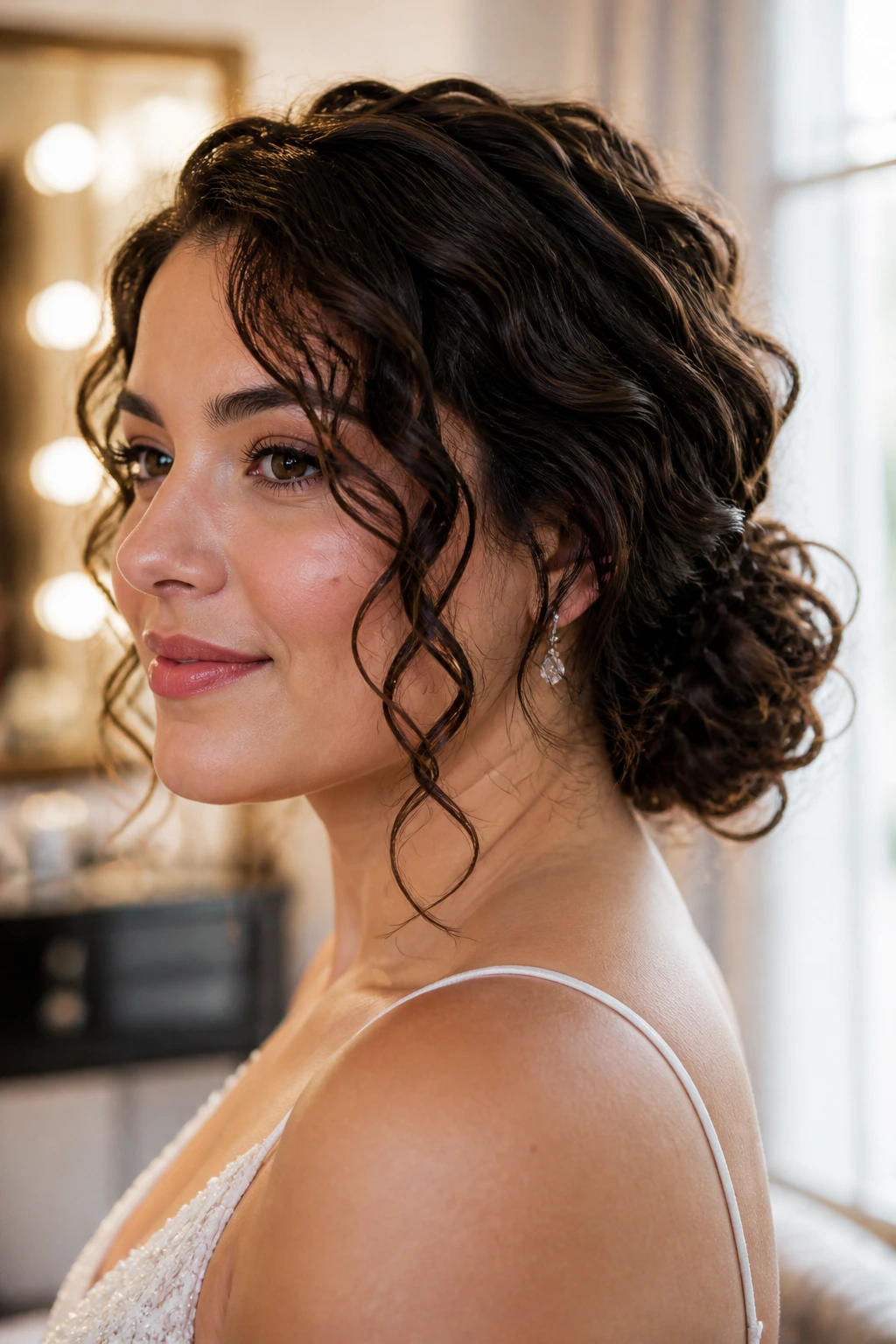 Portrait of a real woman with a low chignon and soft spiral pieces around the temples