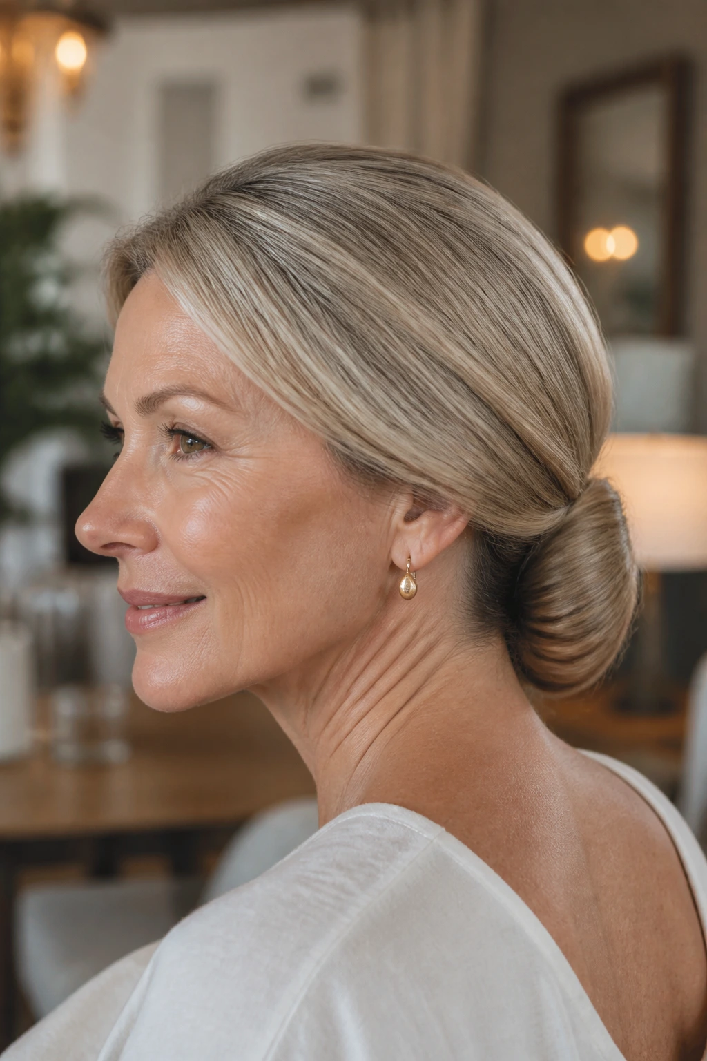 Close-up of a real woman with a smooth low chignon at the nape in warm light