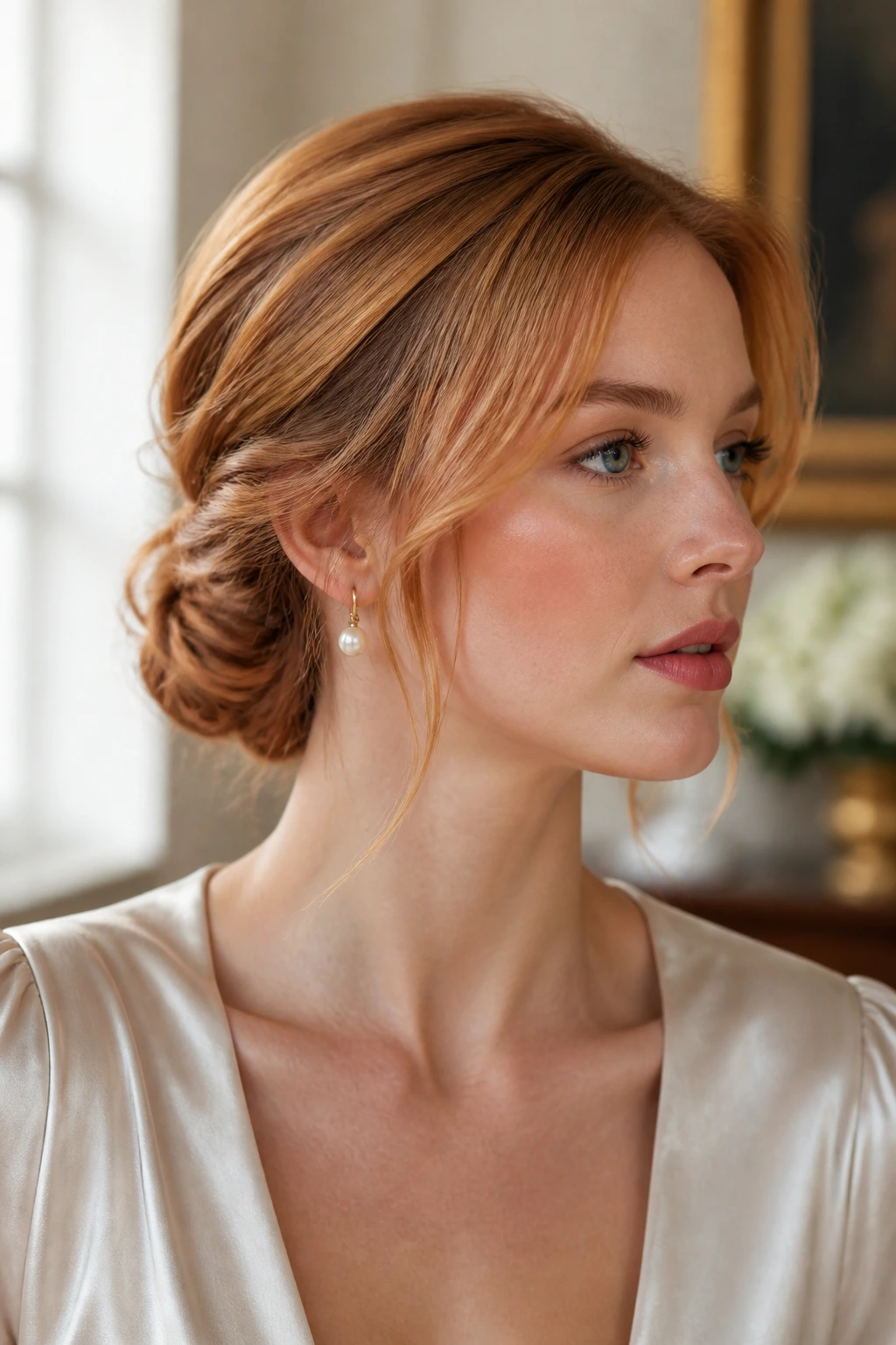 Close-up portrait of a real woman with a low chignon and soft side pieces in strawberry-blonde hair