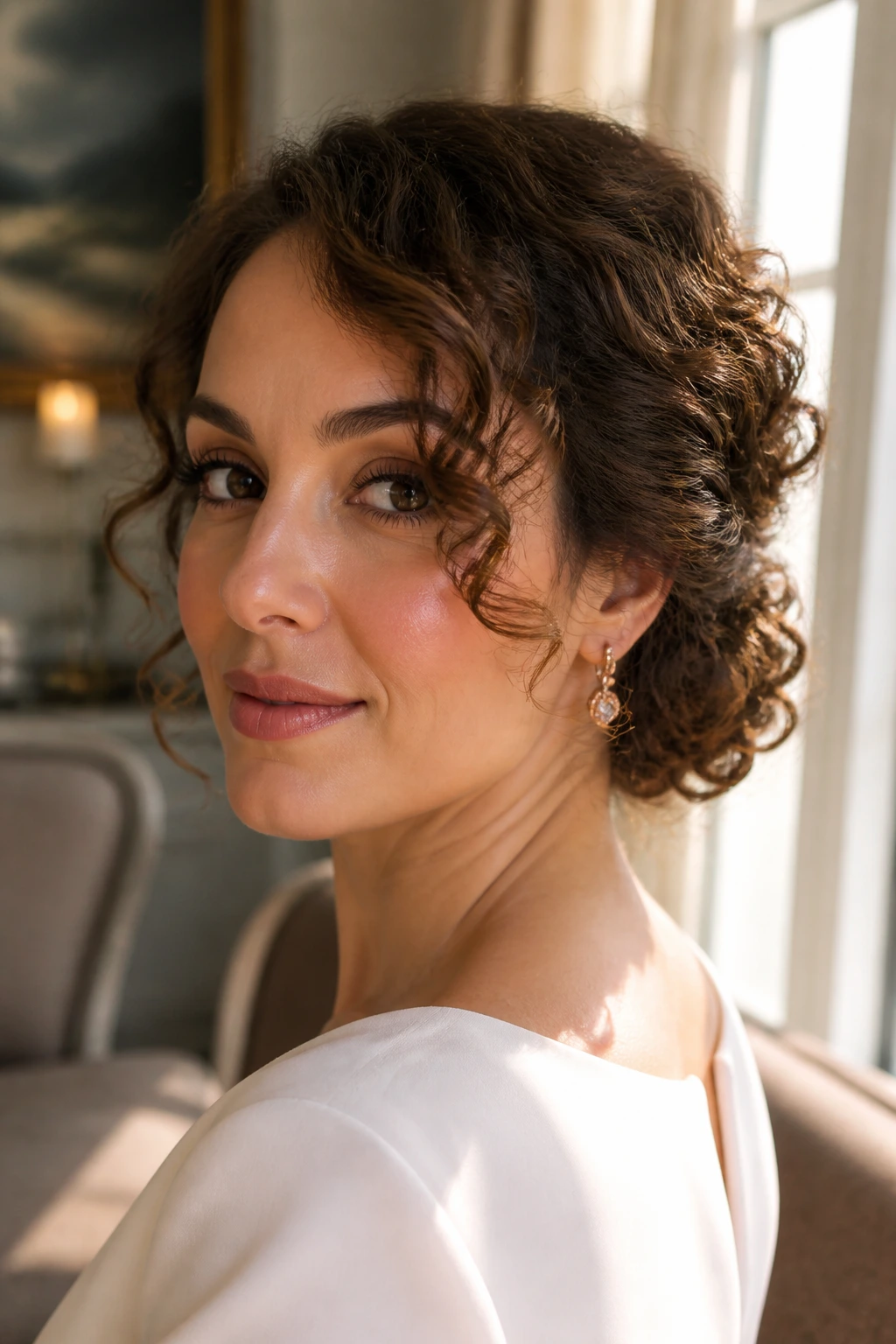 Close-up of a woman with a low curly chignon and swept-front hairstyle.