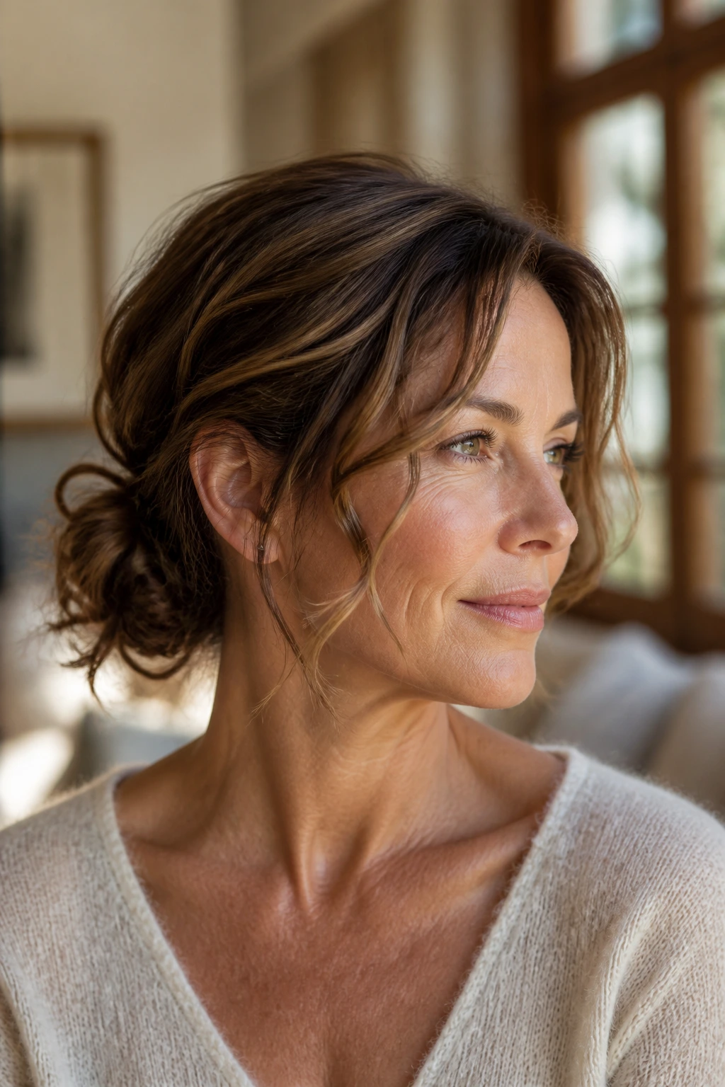 Close-up of a real woman with a low chignon and loose tendrils in warm light