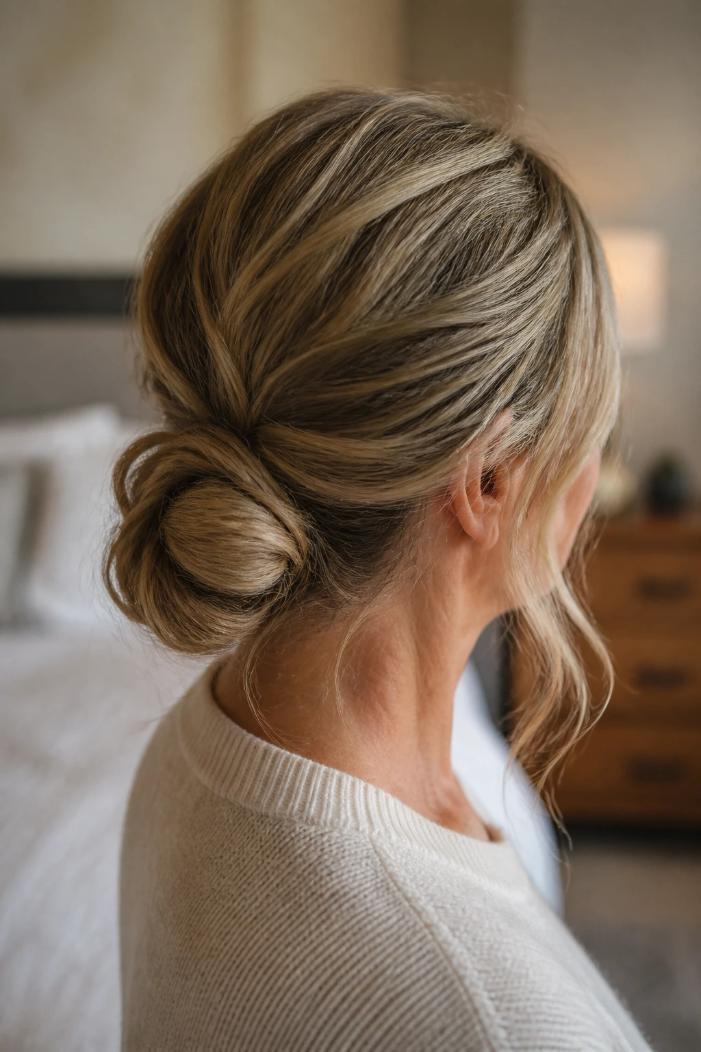 Rear three-quarter view of a woman over 40 with a low chignon and loose tendrils.