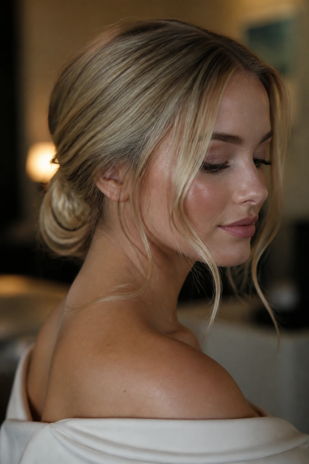 Close-up of a real woman with a low chignon and loose tendrils framing her face.