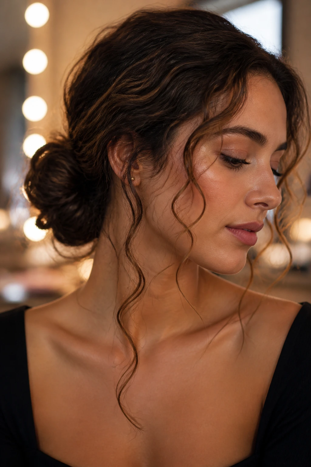 Portrait of a real person with a low chignon and face-framing tendrils