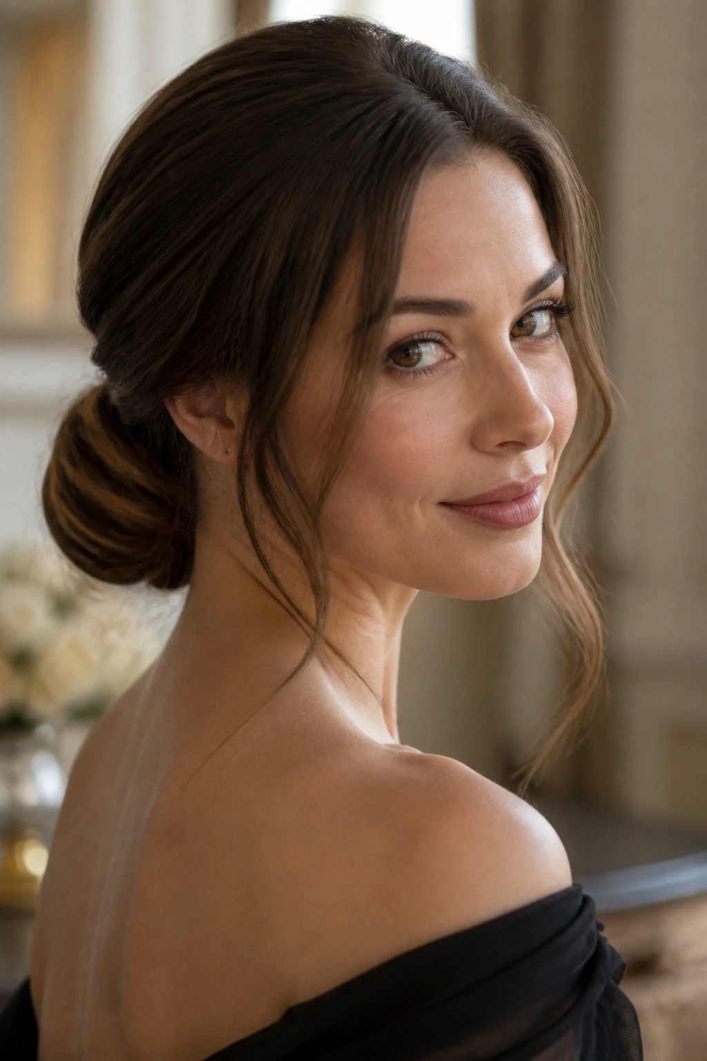 Close-up of a real woman with a low chignon and delicate tendrils at the temples.