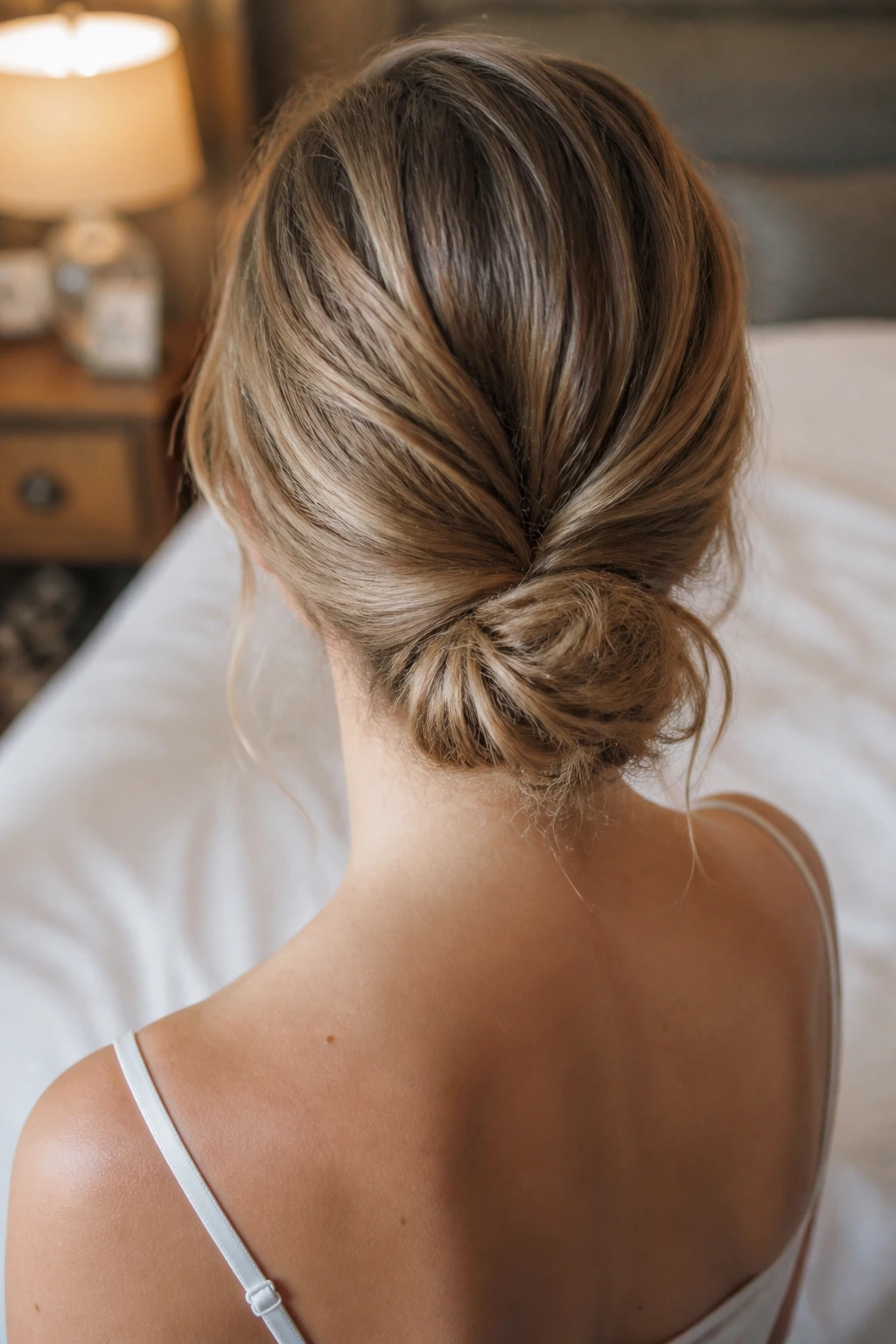 Back view close-up of textured low chignon at the nape