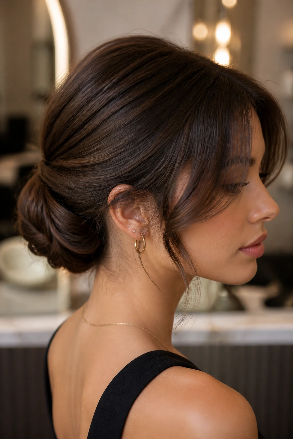Close-up of a sculpted low chignon with curtain bangs