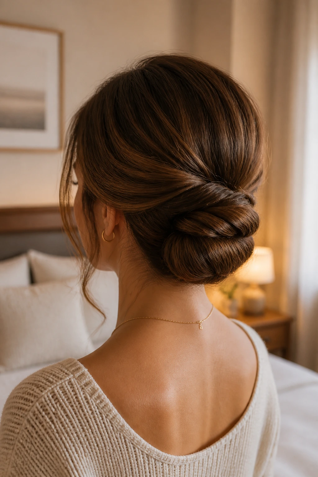 Rear view of a real woman with a low chignon at the nape
