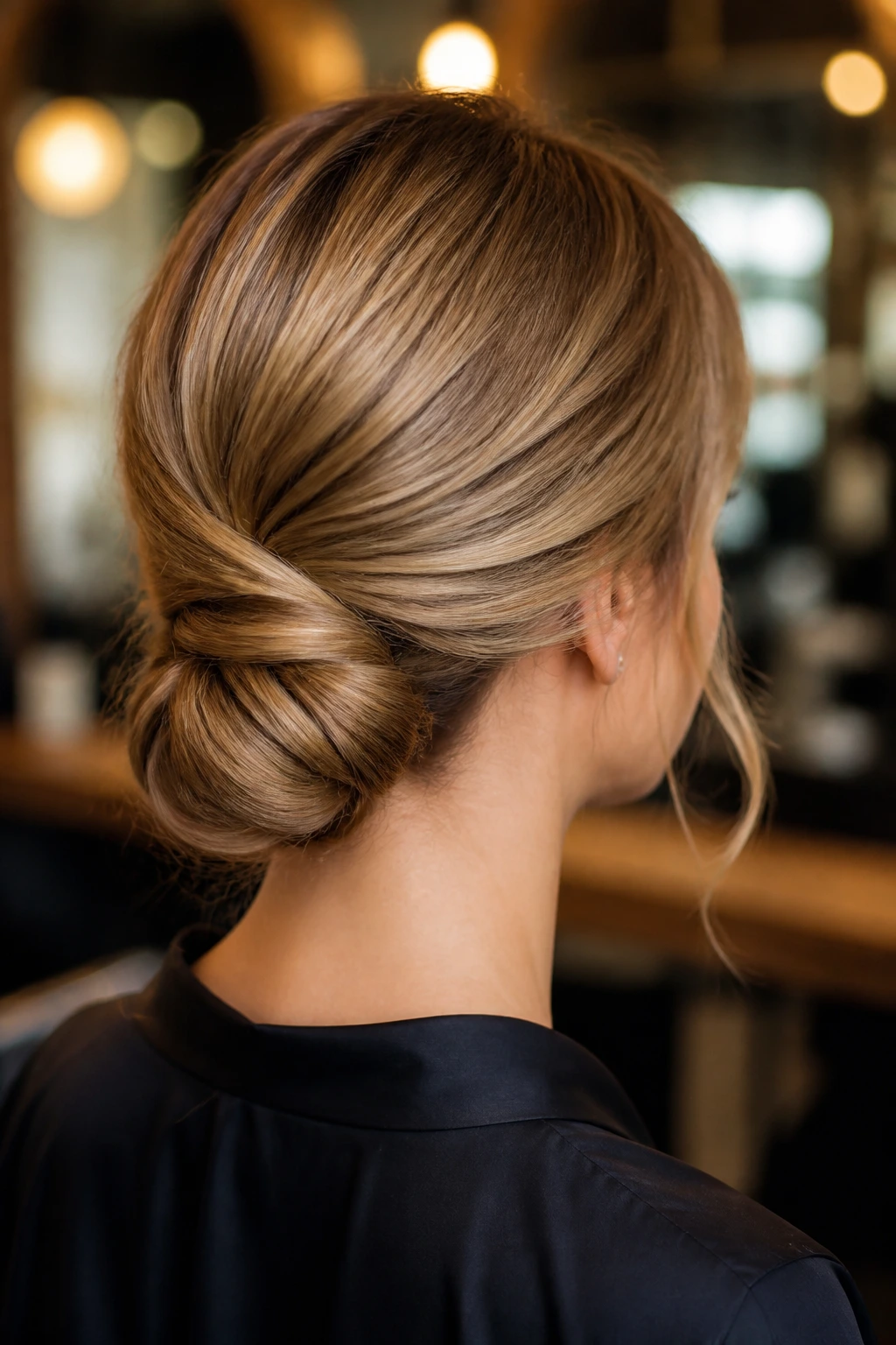 Back/side profile of real woman with twist and tuck in low chignon