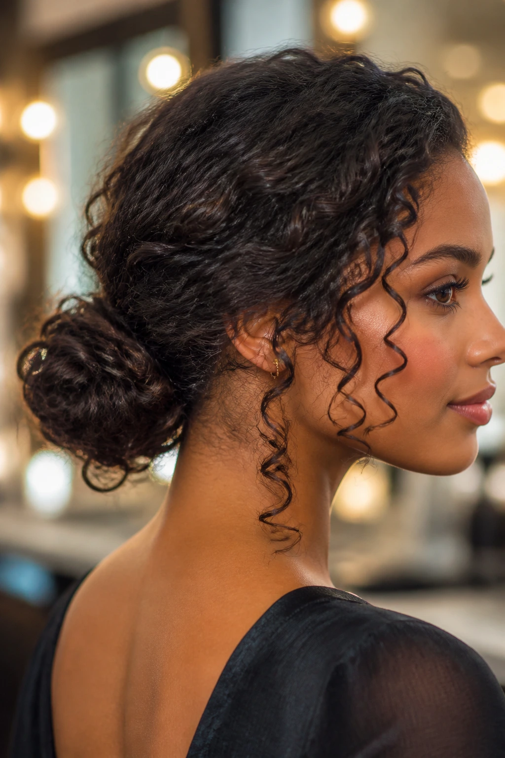 Close-up of a real person with a low chignon that accommodates curly hair, showing defined curls at the nape