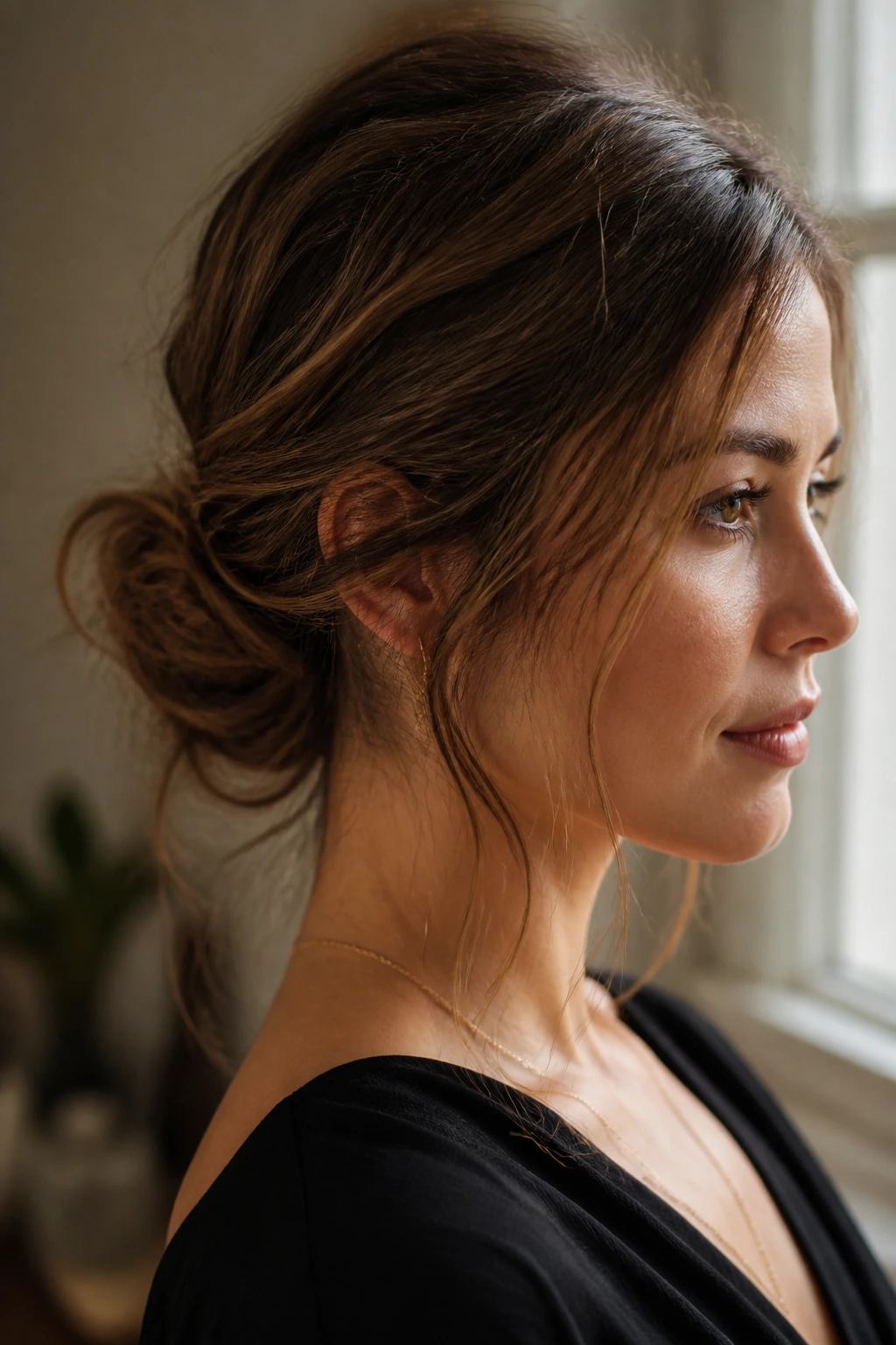 Real woman with a low chignon and wispy tendrils at the temples